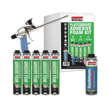 Plasterboard Adhesive Kit: 5 x 750ml Foam, Applicator Gun & Cleaner