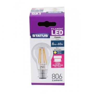 Status LED Clear GLS Bulb 6W Warm White BC
