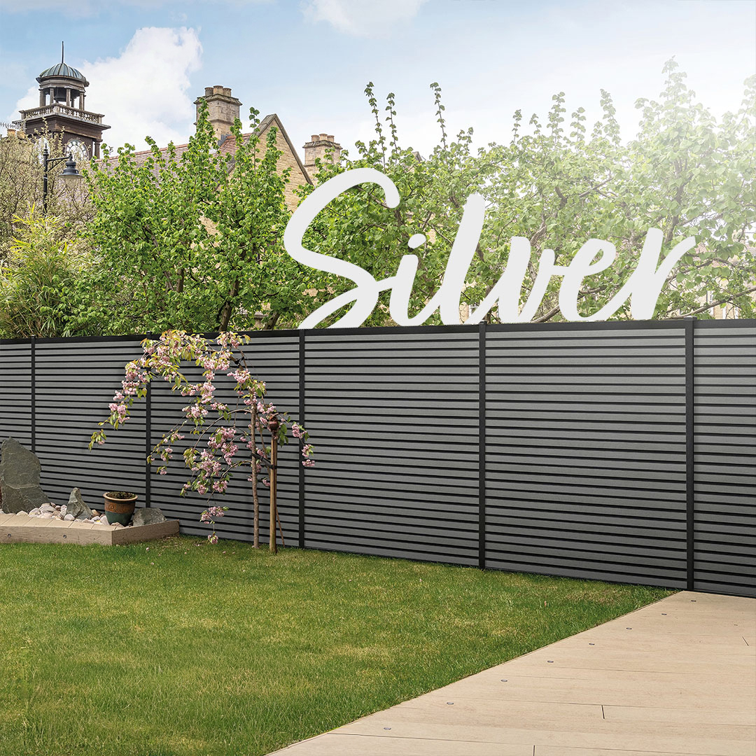 Silver Composite Prime HD Fence panels installed in a modern residential garden