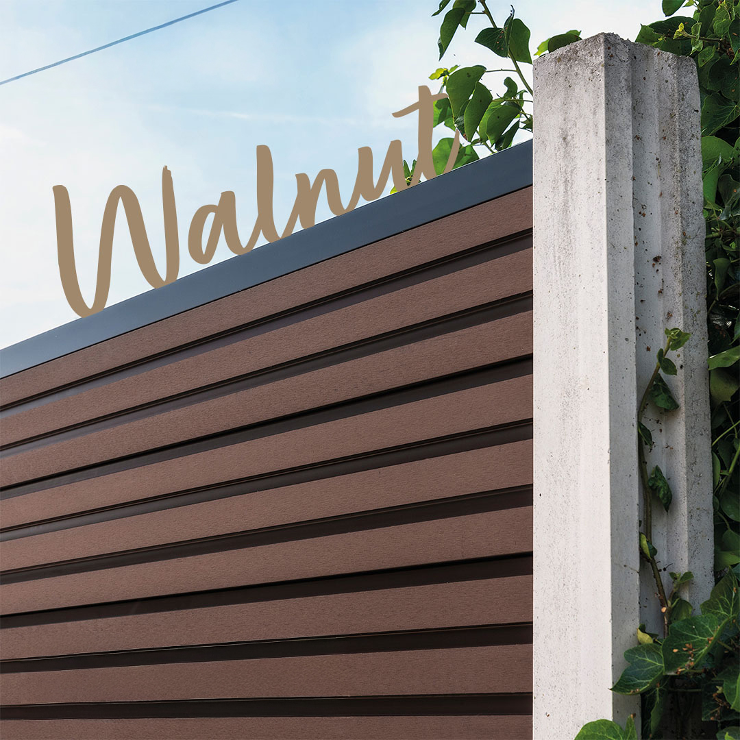 Walnut brown Composite Prime HD Fence boards fitted into traditional concrete fence posts